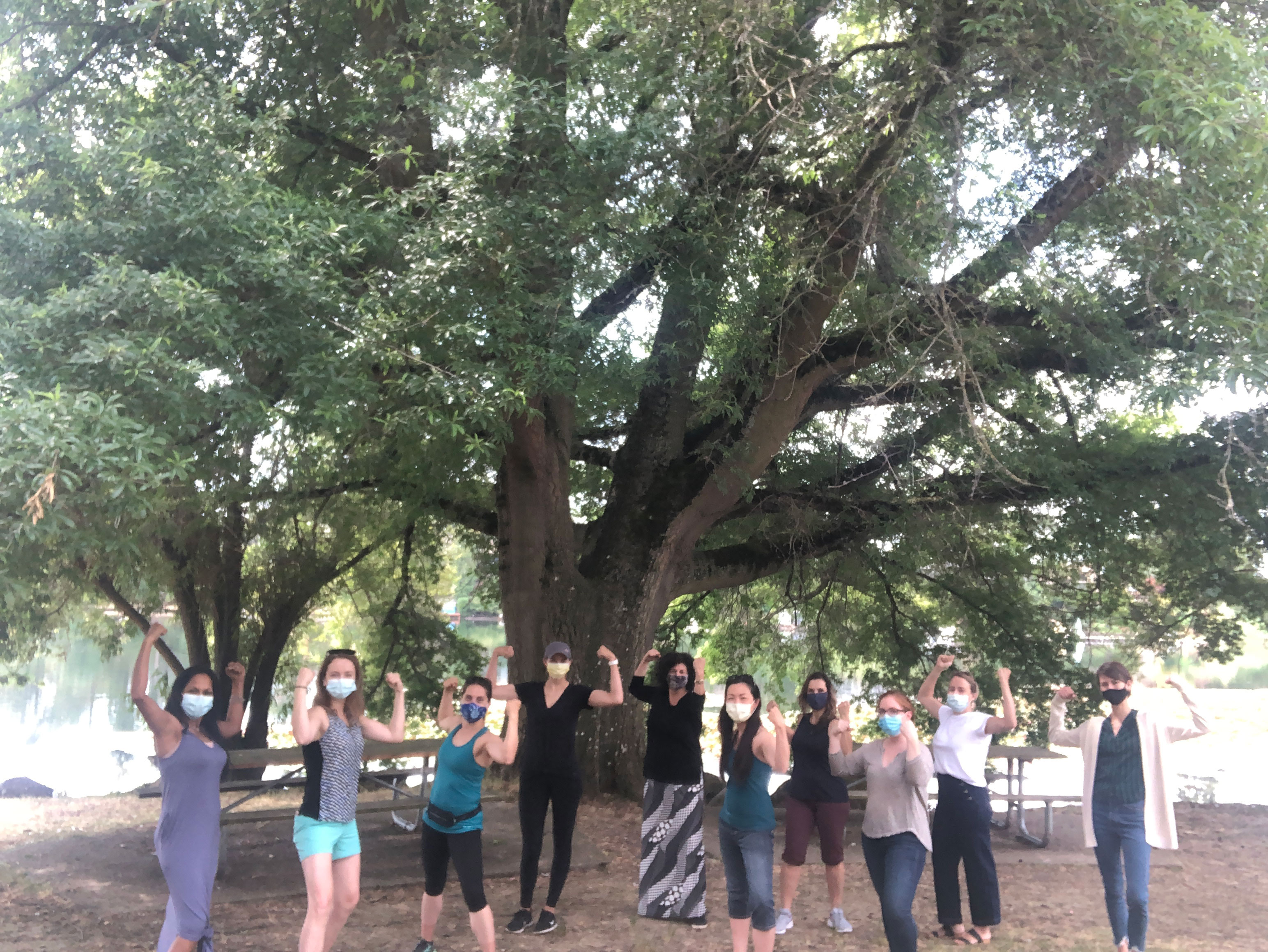 Group picture of 10 Diagnostic Radiology Women in Radiology in front of a large tree at Blue Lake Park Aug 2020. We had our first in person event for Women in Radiology in August, which was was a Book Club Social held at Blue Lake Park. The book was Dare to Lead by Brene Brown.