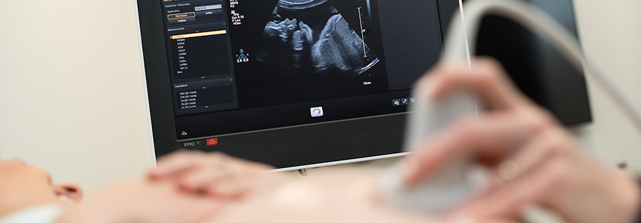 A person's hand holding an ultrasound probe against a pregnant women's belly, with the echocardiogram monitor visible in the background.