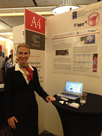 Dr. Maria Rodriguez presenting her research poster at a conference.