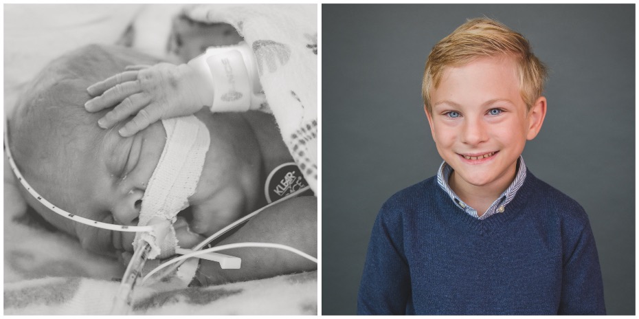 Two photos side-by-side, one black-and-white of a baby sleeping in the OHSU Doernbecher Children's Hospital NICU, and the other of a young boy nicely dressed smiling.