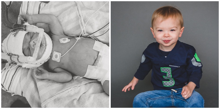 Two photos side-by-side, one black-and-white of a baby sleeping in the OHSU Doernbecher Children's Hospital NICU, and the other of a boy wearing a Seattle Seahawks jersey sitting on the floor smiling.