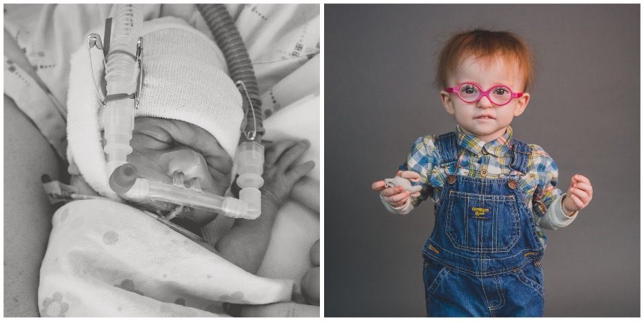 Two photos side-by-side, one black-and-white of a baby sleeping in the OHSU Doernbecher Children's Hospital NICU, and the other of a young boy standing wearing overalls and glasses.