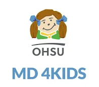 A graphic of a rag doll under which reads "OHSU" and "MD 4KIDS," comprising the logo of the OHSU Doernbecher MD 4KIDS health information library app.