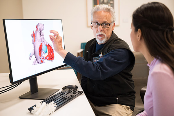 Pediatric cardiologist Michael Silberbach reviews a 3D image of a patient’s heart