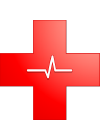 A fibrillation line on a red emergency care, plus sign symbol