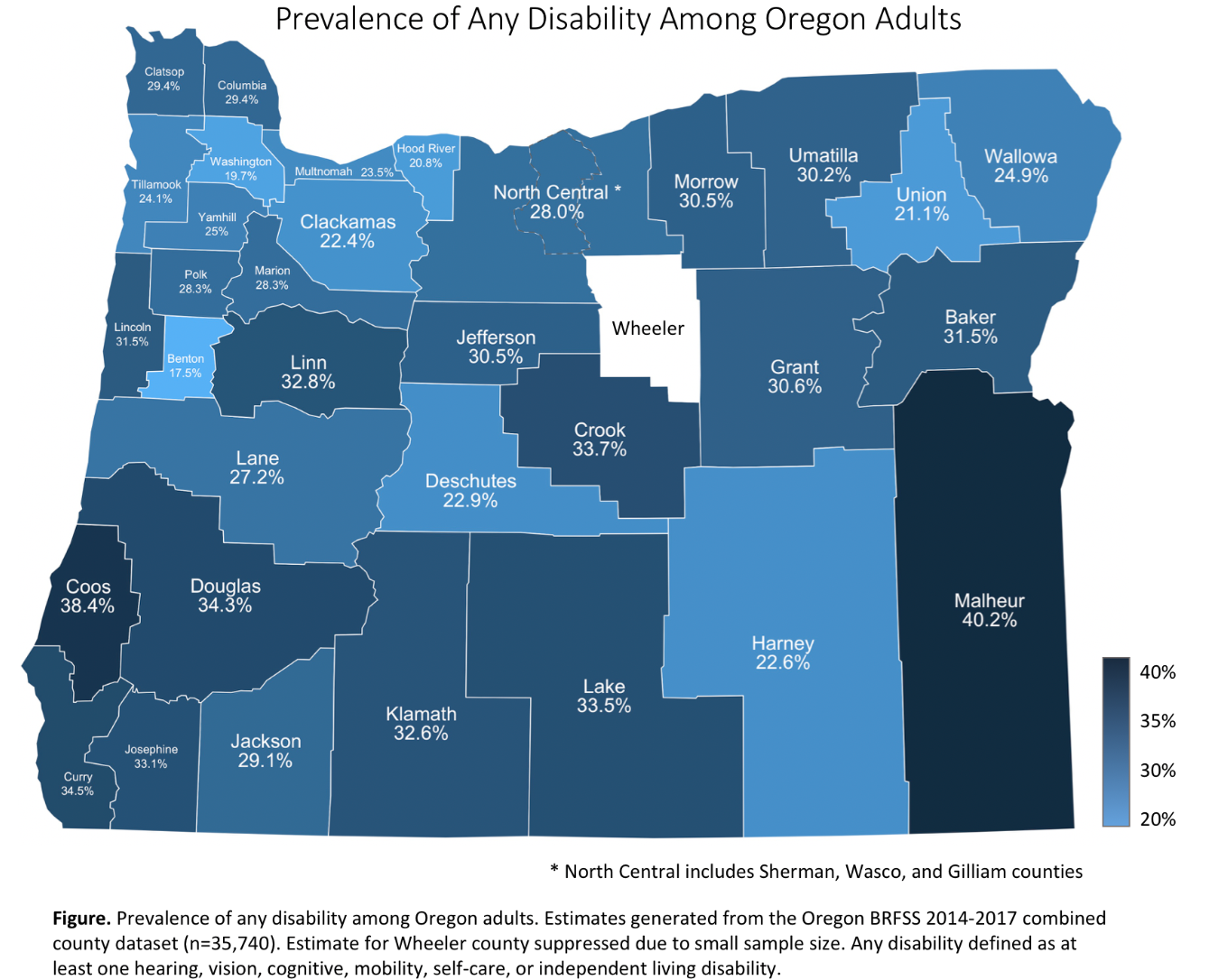 Blue Map of Oregon depicting prevalence of smoking among Oregonians with disabilities by county.