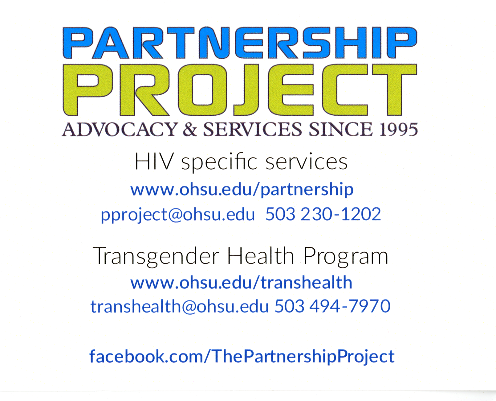 postcard text for the Partnership Project: Advocacy and Services since 1995. HIV Specific Services (contact information). Transgender Health Program (contact information).