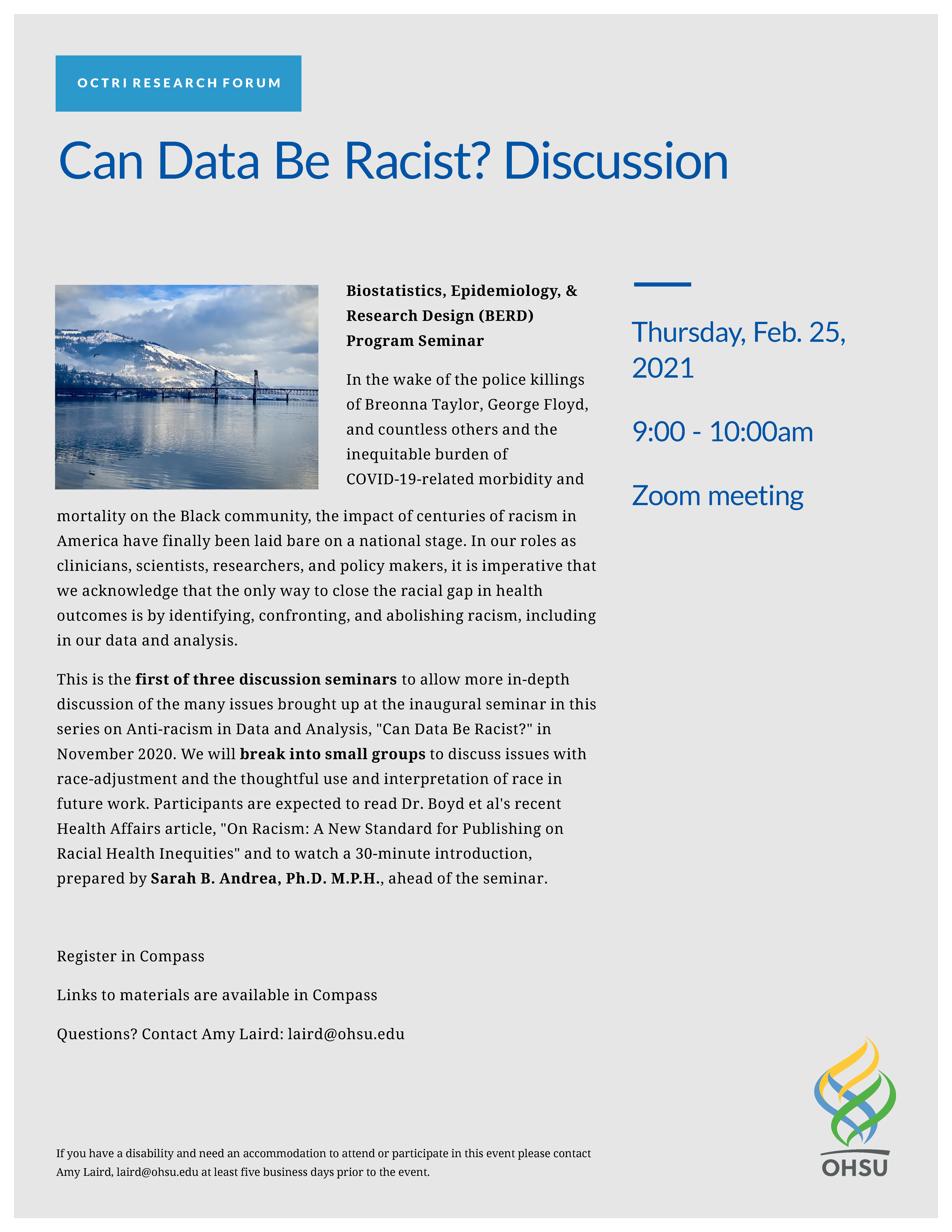 This is a flyer for the OCTRI BERD research forum that is discussion based following the November 2020 research forum titled "Can Data Be Racist?"