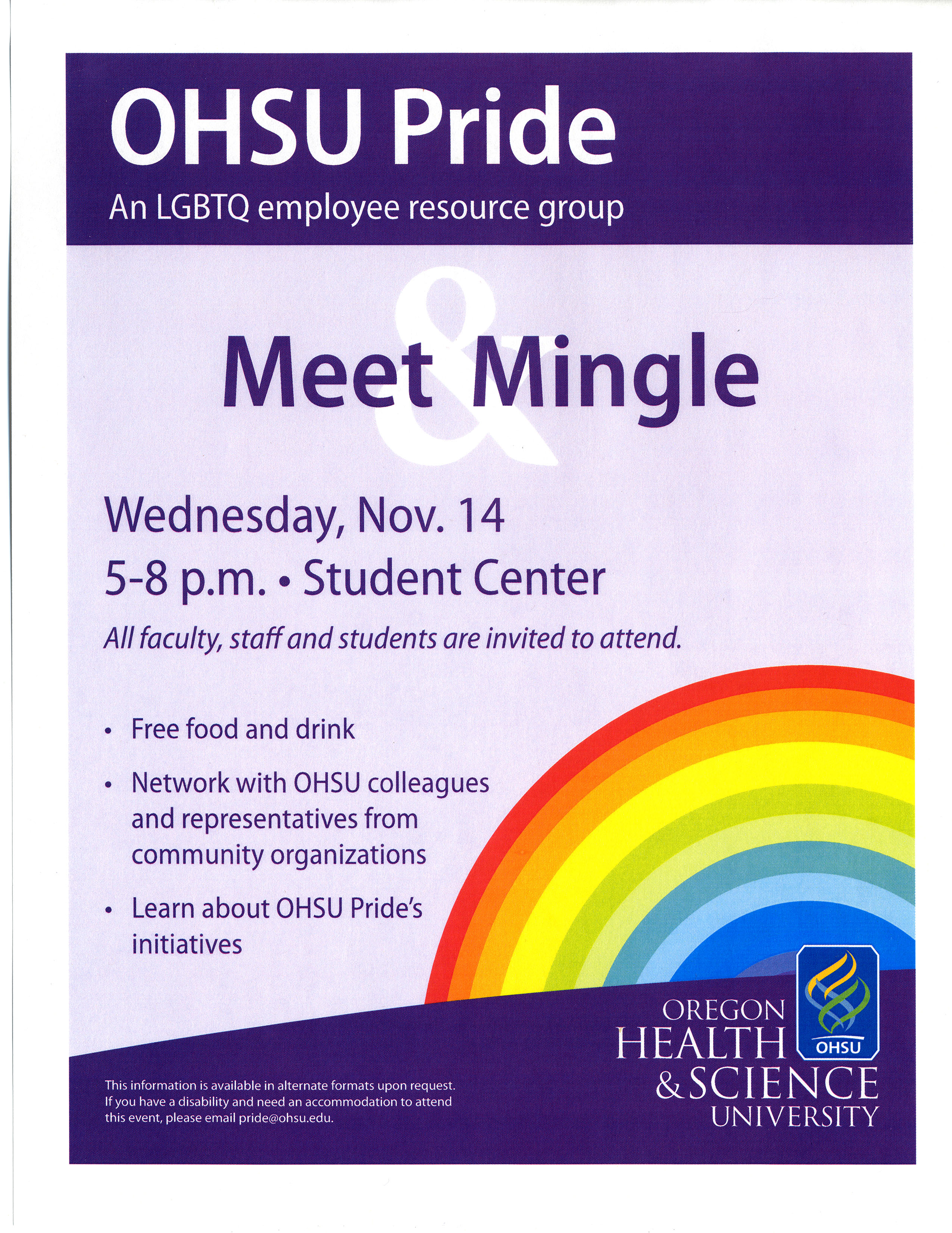 A purple flyer advertises a Meet & Mingle on Wednesday, November 14 to learn about OHSU Pride, an LGBTQ employee resource group