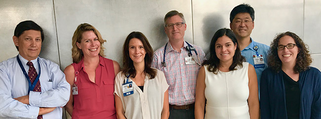 OHSU providers and researchers include (from left) Dr. Richard Maziarz; Sara Murray, cellular therapy lab manager; Allison Franco, RN; Dr. Brandon Hayes-Lattin; Dr. Eneida Nemecek; Dr. Bill Chang; and Dr. Evan Shereck.