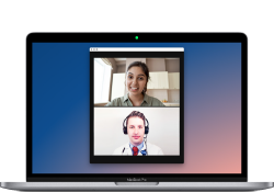 A laptop shows a patient and doctor during a virtual visit.