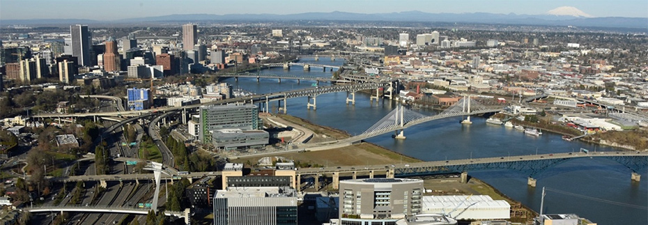 Aerial of Portland's South Waterfront region.