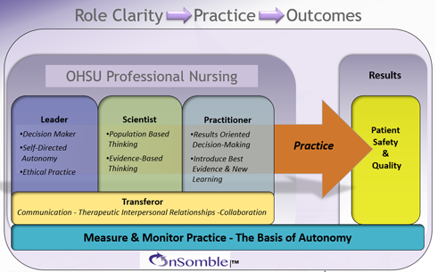 A diagram showing the levels of professional nursing (leader, scientist and practitioner) and how they lead to patient safety and quality care. 