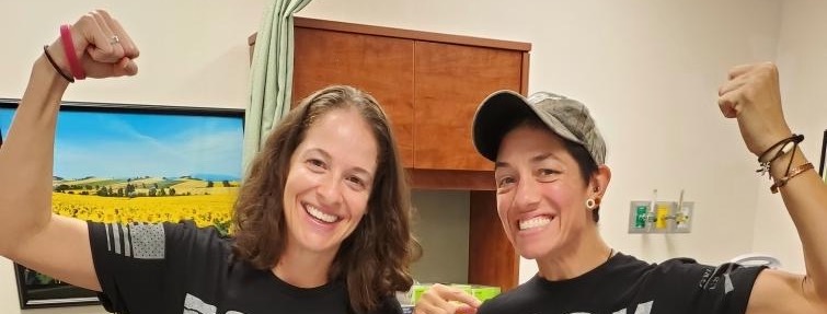 Celeste Saenz (left) and her sister, Zabrina Saenz, share a show of strength on Celeste’s first day of chemotherapy