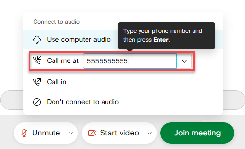 A screenshot showing the option to use phone for the webex meeting audio