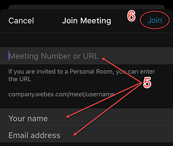 Join Webex Meeting screen with fields for entering meeting number, name and email address