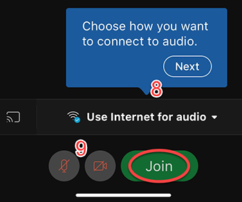 Choose how to connect to audio and join webex meeting buttons