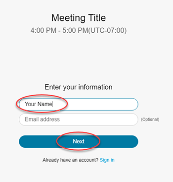Screenshot of webex app with "meeting title" at the top and a field for entering your name