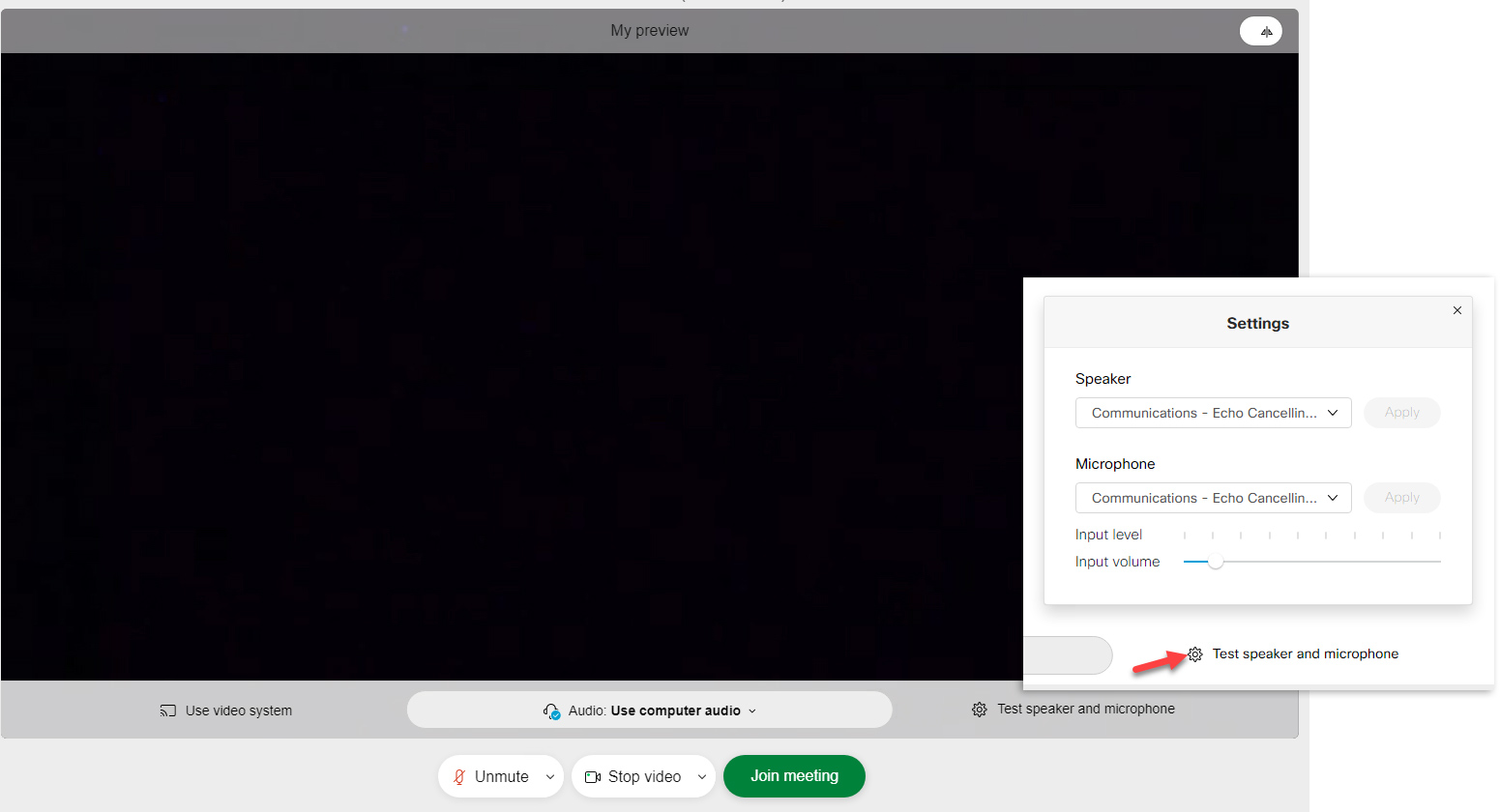 A screenshot of the webex preview screen with options to test audio