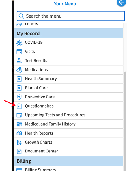 Spine Patient-reported Outcomes app menu