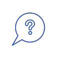 White and blue icon of outlined speech bubble with a question mark inside of it
