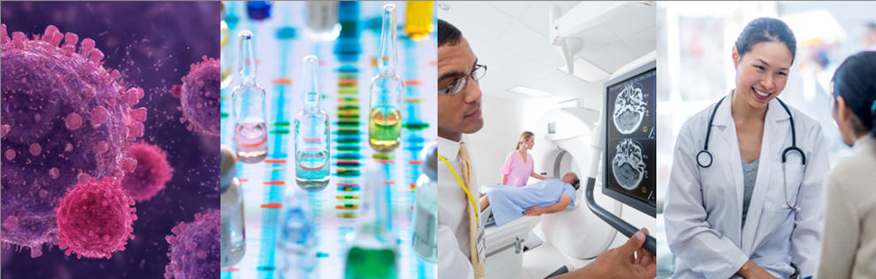 Image collage includes cancer cells, a scientist in a lab and a doctor talking with a patient