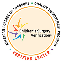 A badge from the Quality Improvement Program of the American College of Surgeons that reads "Children's Surgery Verification" and "Verified Center."