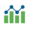 Navy blue line graph with four dots and green bar graph with four bars