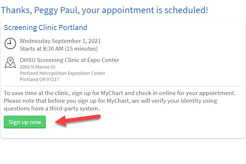 Expo Center COVID-19 testing screenshot of MyChart appointment confirmation