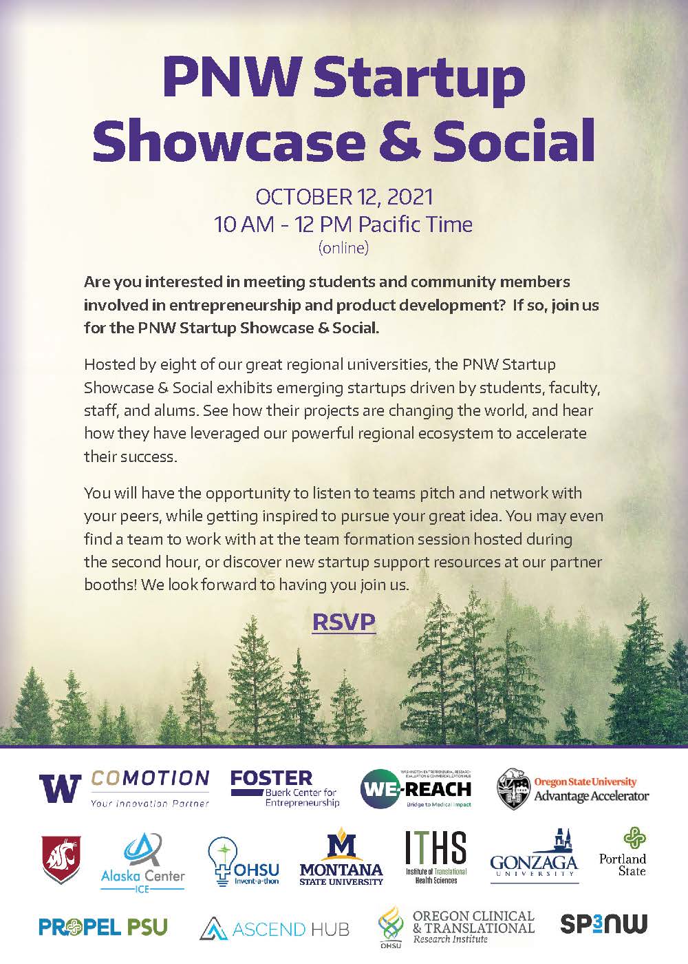 This is a flyer for the PNW Startup Showcase & Social on October 12, 2021 from 10 am - 12 pm.
