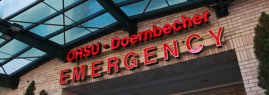 Front entrance and sign for the OHSU-Doernbecher Emergency room on Marquam Hill in Portland, Oregon