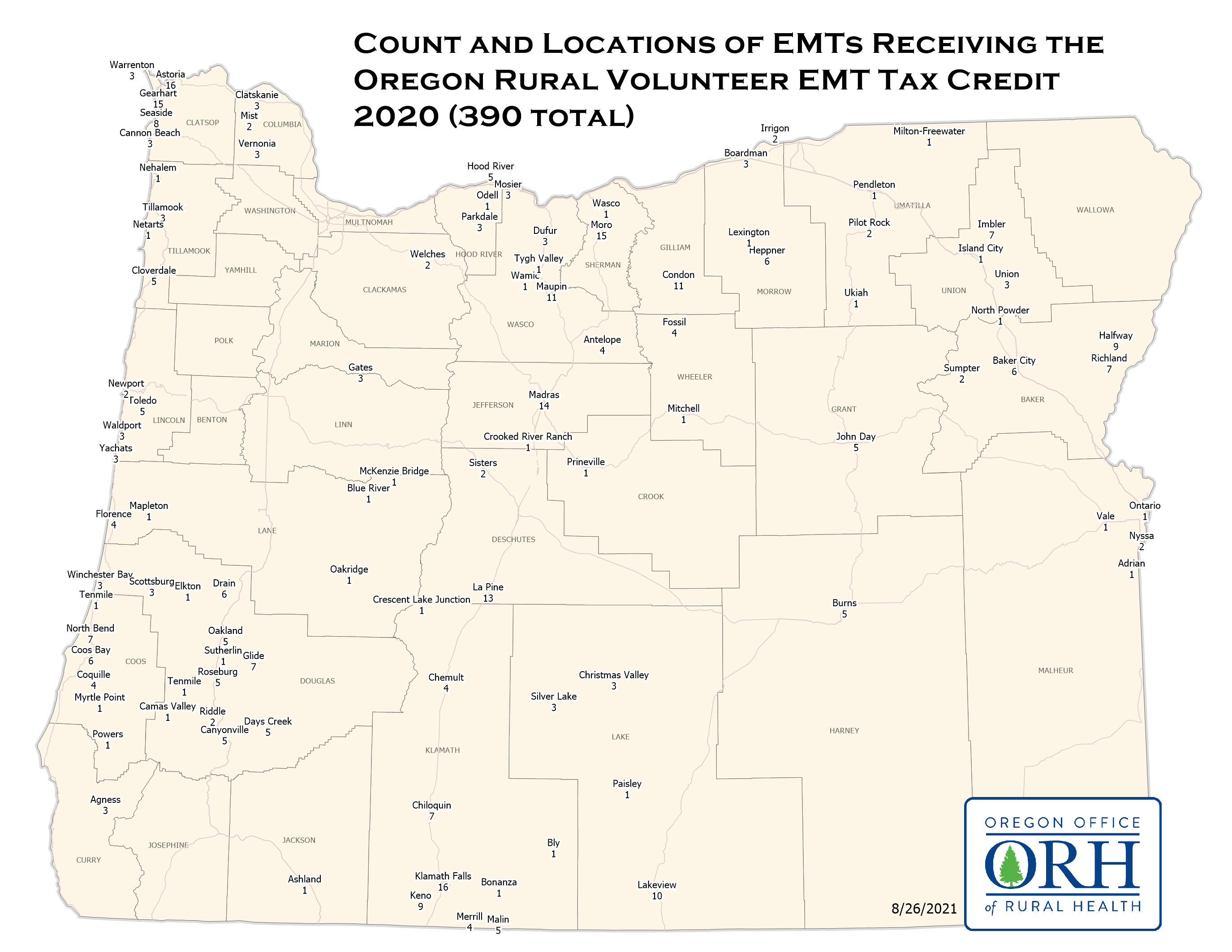 Oregon Rural EMS Provider Tax Credit Map 2020