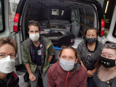 Sonnet Jonker, Matt Hagen, Hanna O'Neil, Sam Louey and Summer Cox with supplies collected for Refugee Care Collective