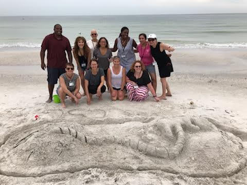 Team of scientists and clinician-scientists make a fetus and placenta sand castle. 