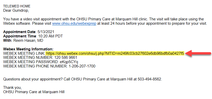 Sample email sent from OHSU for a provider visit through webex
