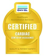 A badge graphic that reads "Certified Cardiac Center of Excellence" by Healthcare Accreditation Services Quality & Patient Safety.