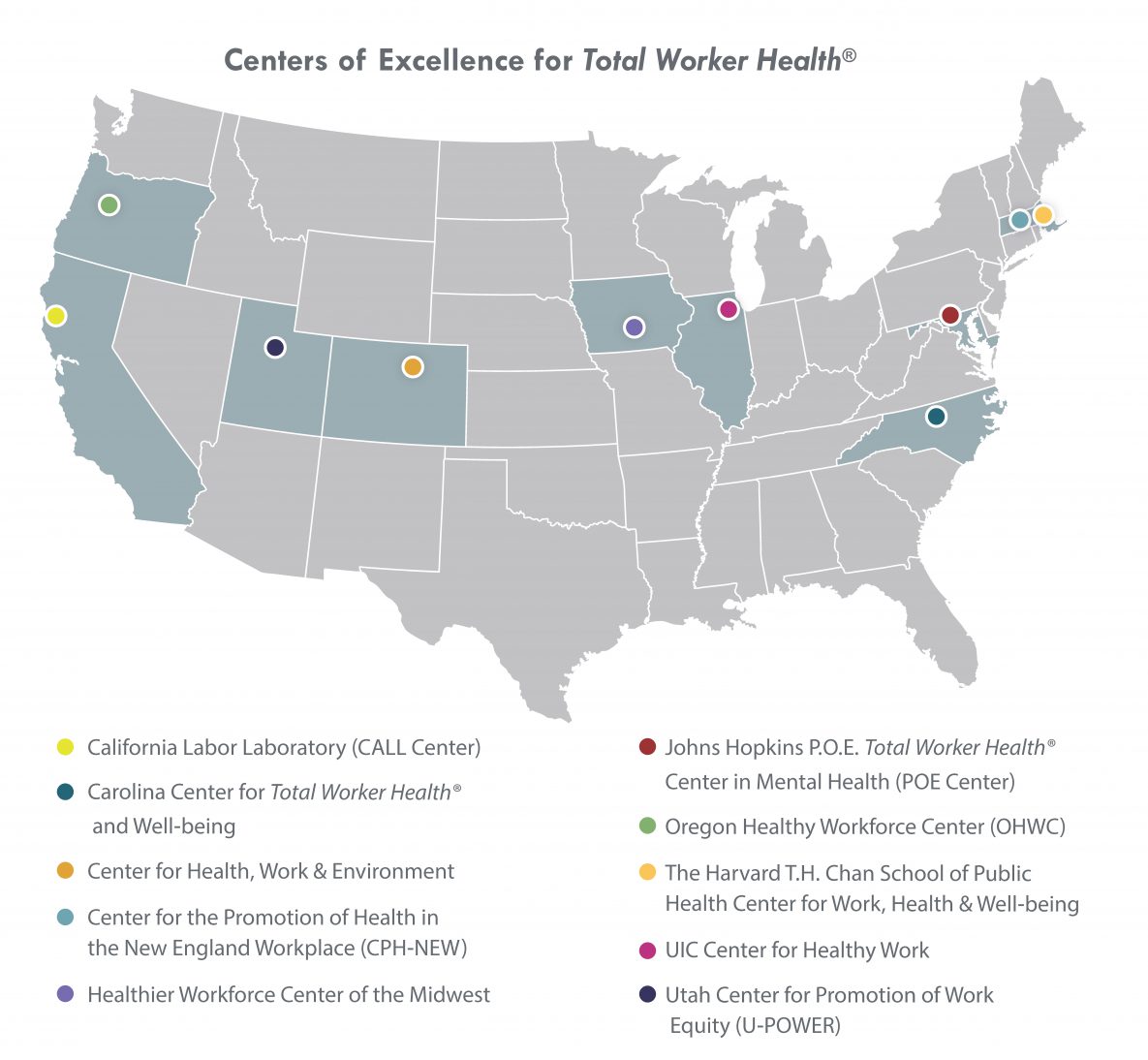 This is a map showing NIOSH's ten Total Worker Health Centers of Excellence