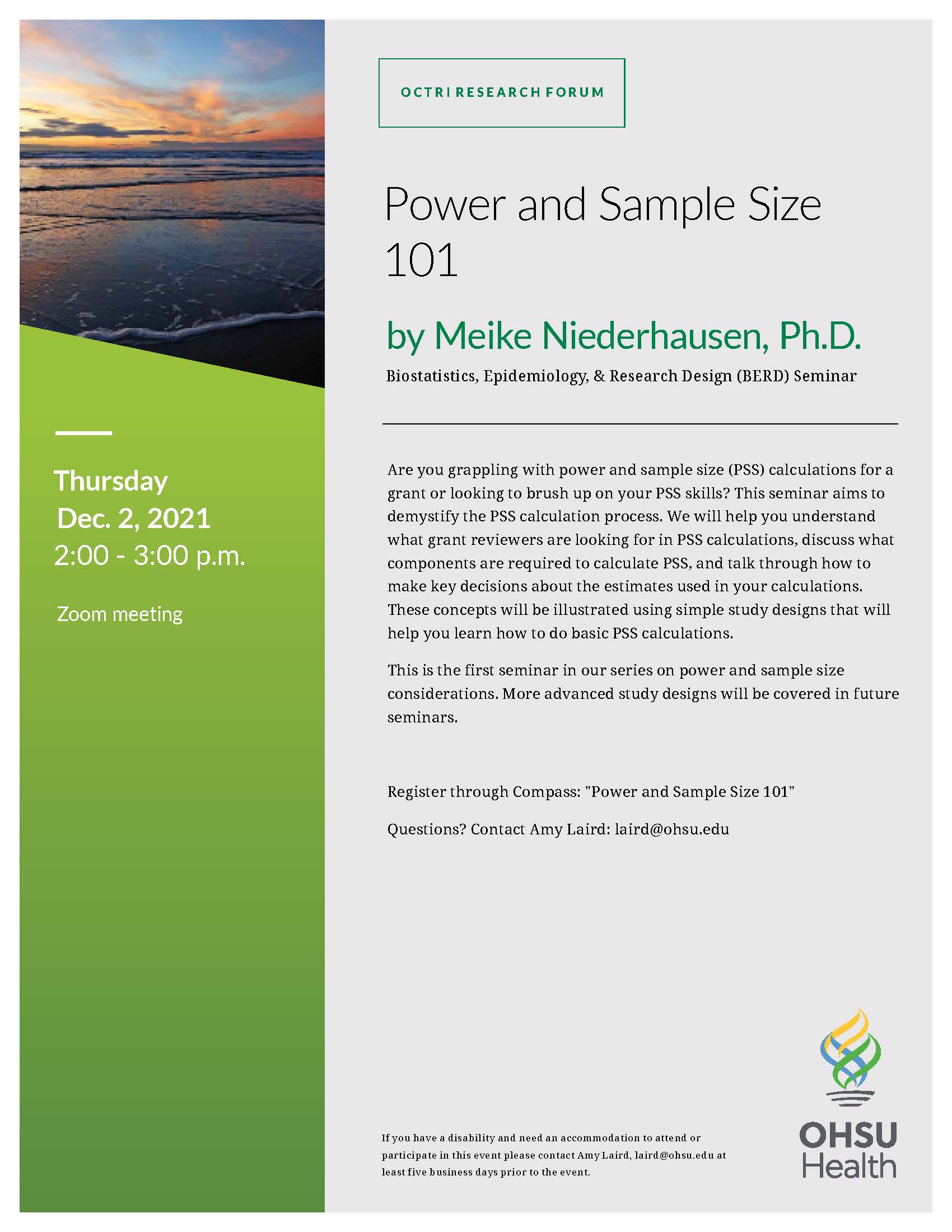 This is a flyer for the Power and Sample Size 101 Biostatistics, Epidemiology, & Research Design (BERD) Seminar on December 2, 2021.