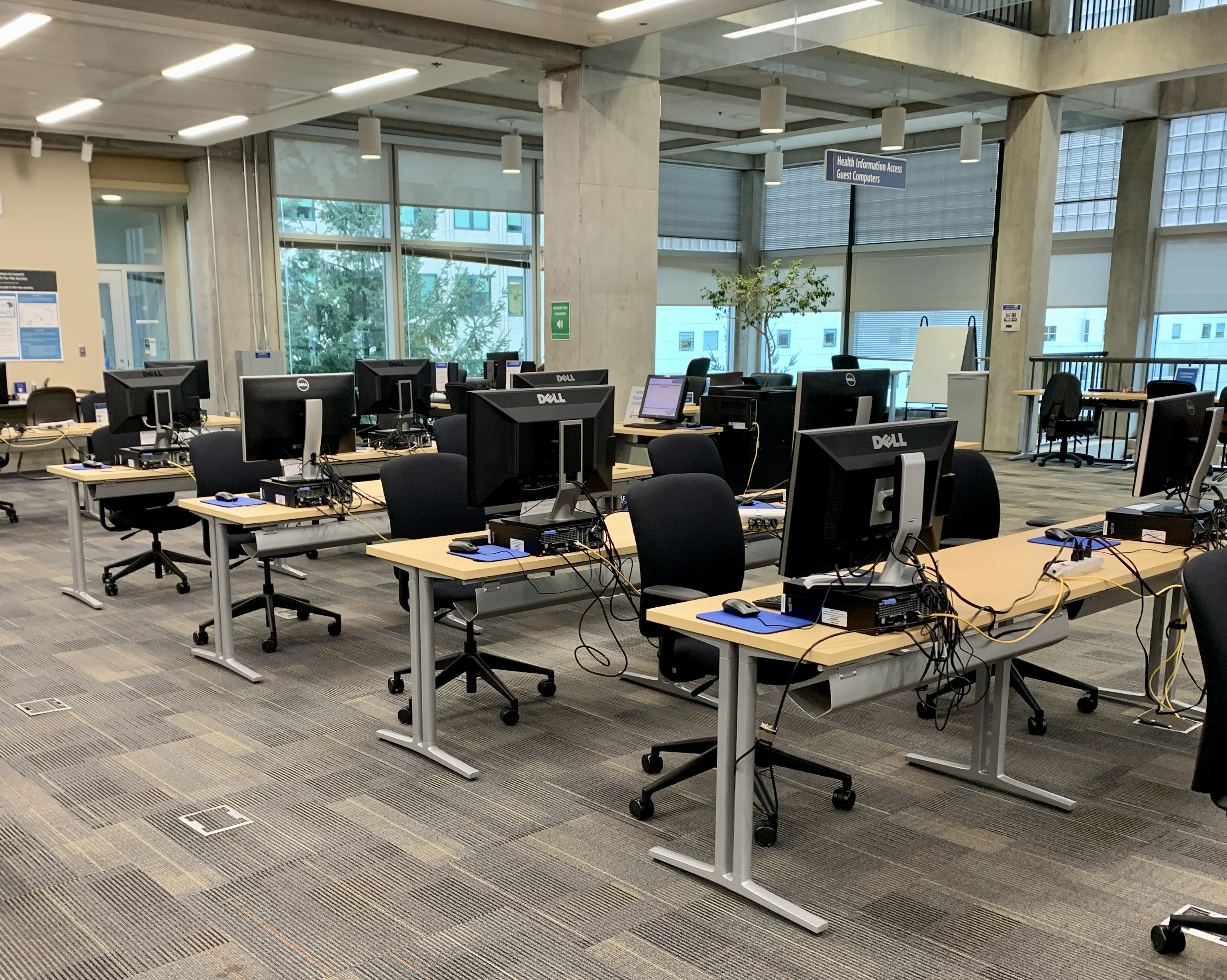 An open library space holds rows of computer stations with office chairs stationed at each. In the background, a wall of windows is visible.