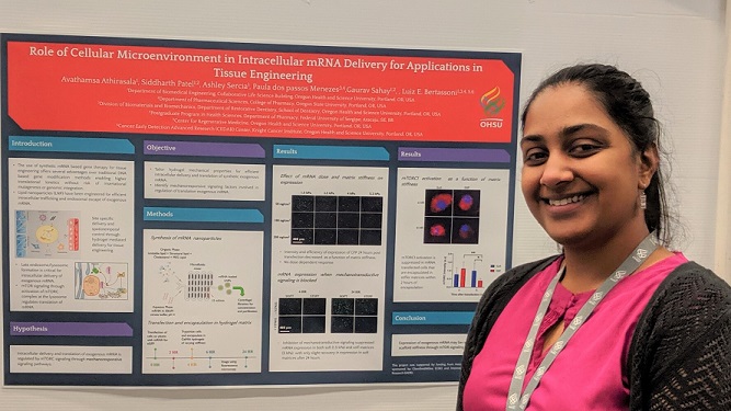 PhD Student Avathamsa Athirasala with her winning Research Day poster