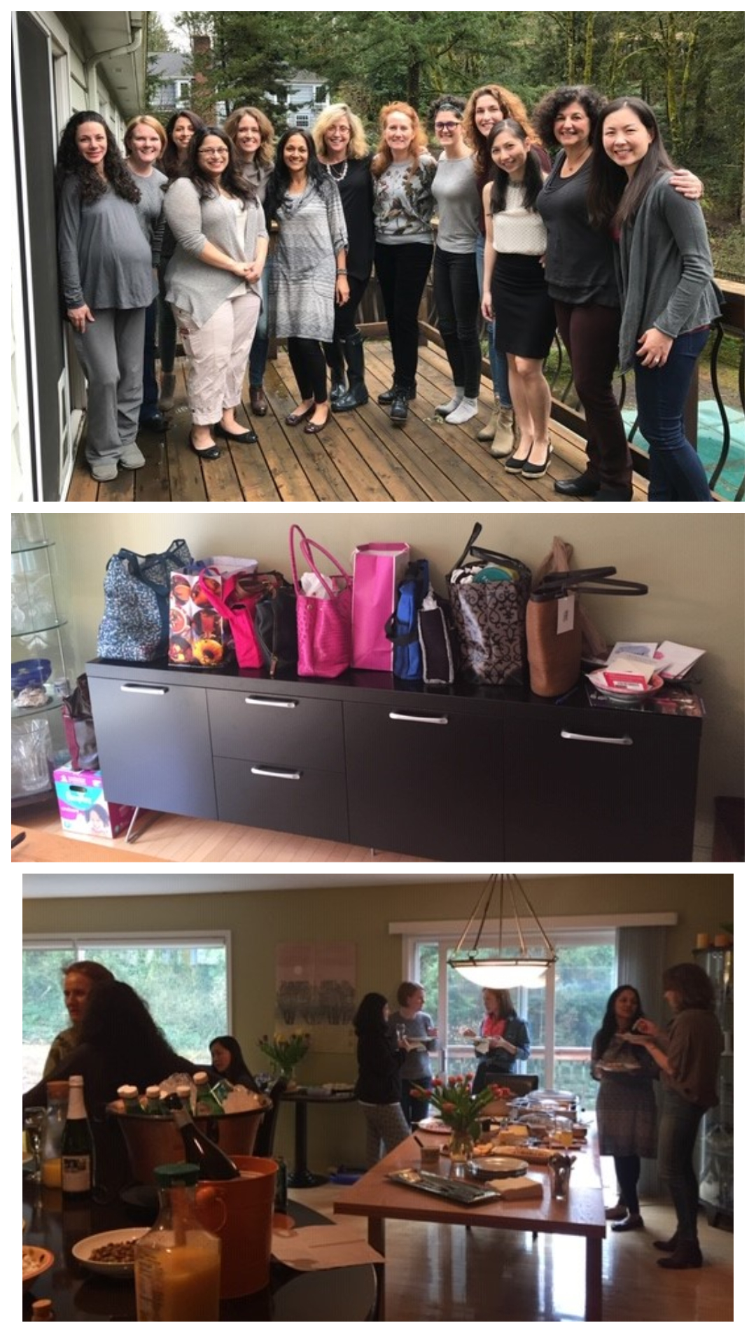 3 pictures. Top picture is group of Women standing on a deck posing for the camera, middle picture is of gift bags, bottom picture is a wide shot of women socializing in someone's home.