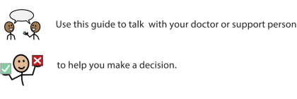A sentence that says "Use this guide to talk with your doctor or support person to help you make a decision" includes two icons visually cuing certain ideas in the sentence.