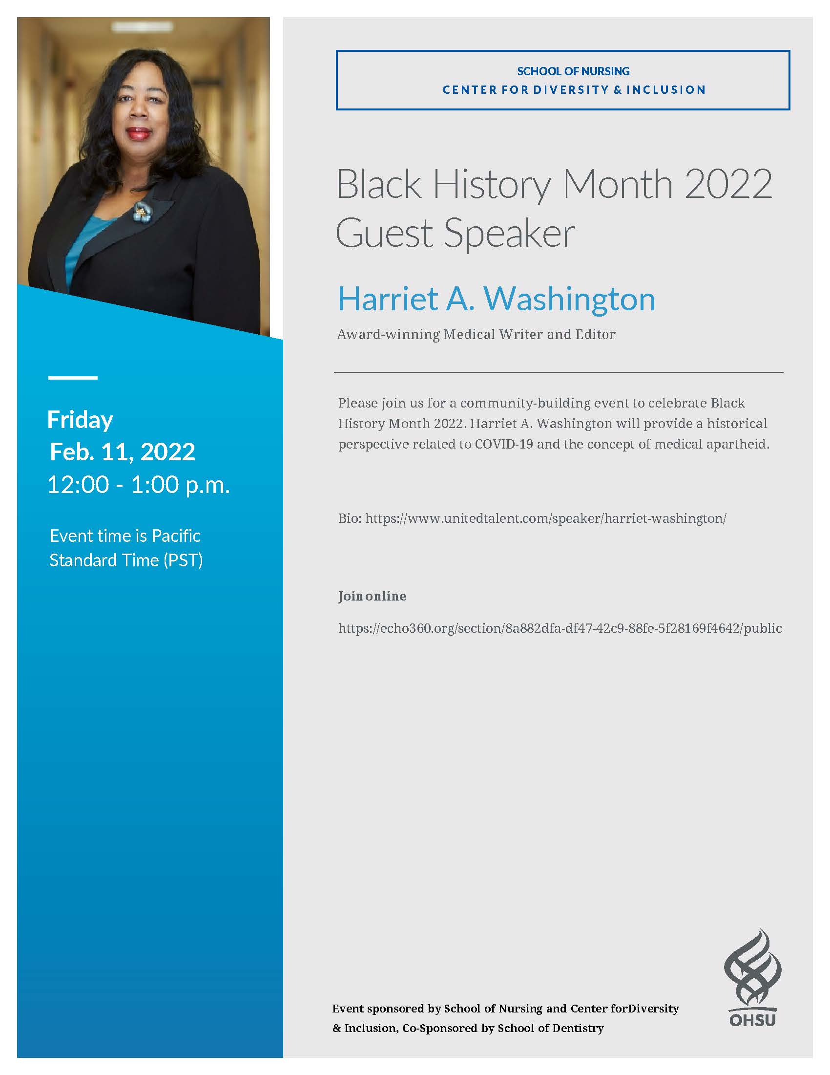 Flyer announcing Black History Month guest speaker Harriet A. Washington