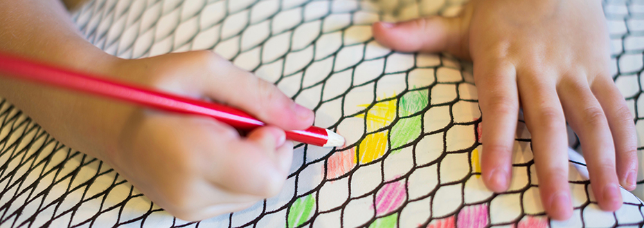 A child's hands as they color in a coloring book.