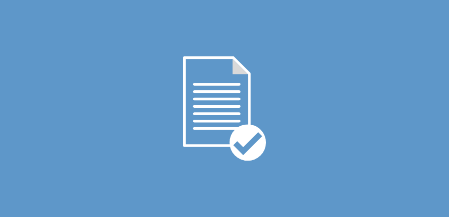 Icon of a Word document with a check mark in a corner on a light blue background