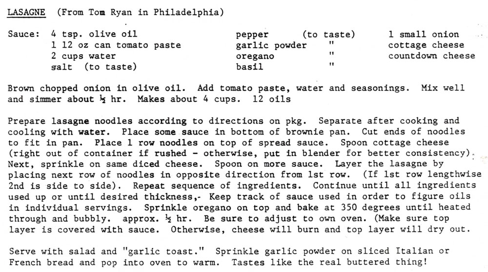 Lasagna recipe from Tom in Philadelphia
