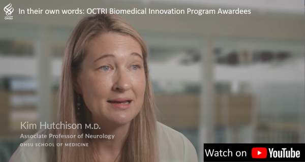Picture of Dr. Kim Hutchison explaining her technology idea that was funded by the OCTRI Biomedical Innovation Program. Click image to watch the video on YouTube.