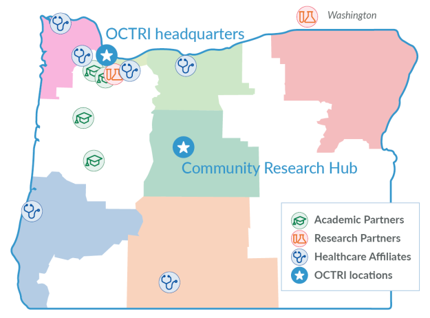 Map of Oregon with OCTRI locations and partners marked.