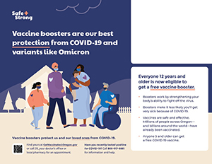 A preview image of a flyer put together by Oregon Health Authority explaining how Vaccine boosters are our best protection from COVID-19 and variants like Omicron.