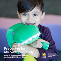 A preview image of the cover of a Doernbecher Children's Hospital brochure titled "Preparing for My Swallow Study."